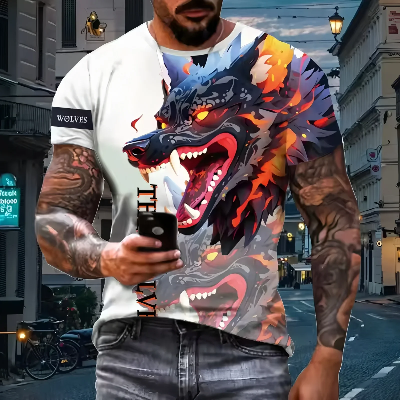 Funny 3D Wolf Print T Shirt For Men Hip Hop Trend Harajuku Streetwear Casual O-neck Short Sleeve Loose Tops Fashion y2k Clothes view 5
