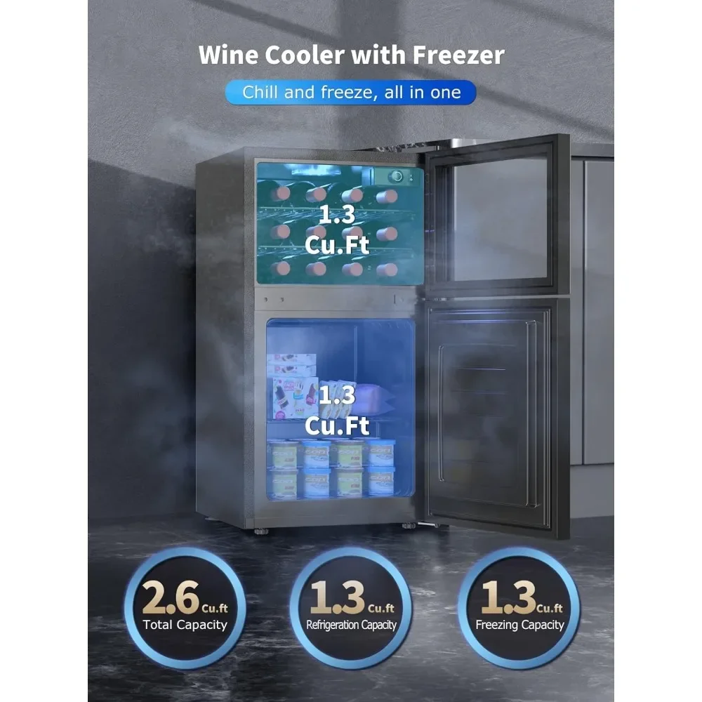 Wine Refrigerator with Freezer and Reversible Door, Dual Zone Temperature Control, Wine Cooler