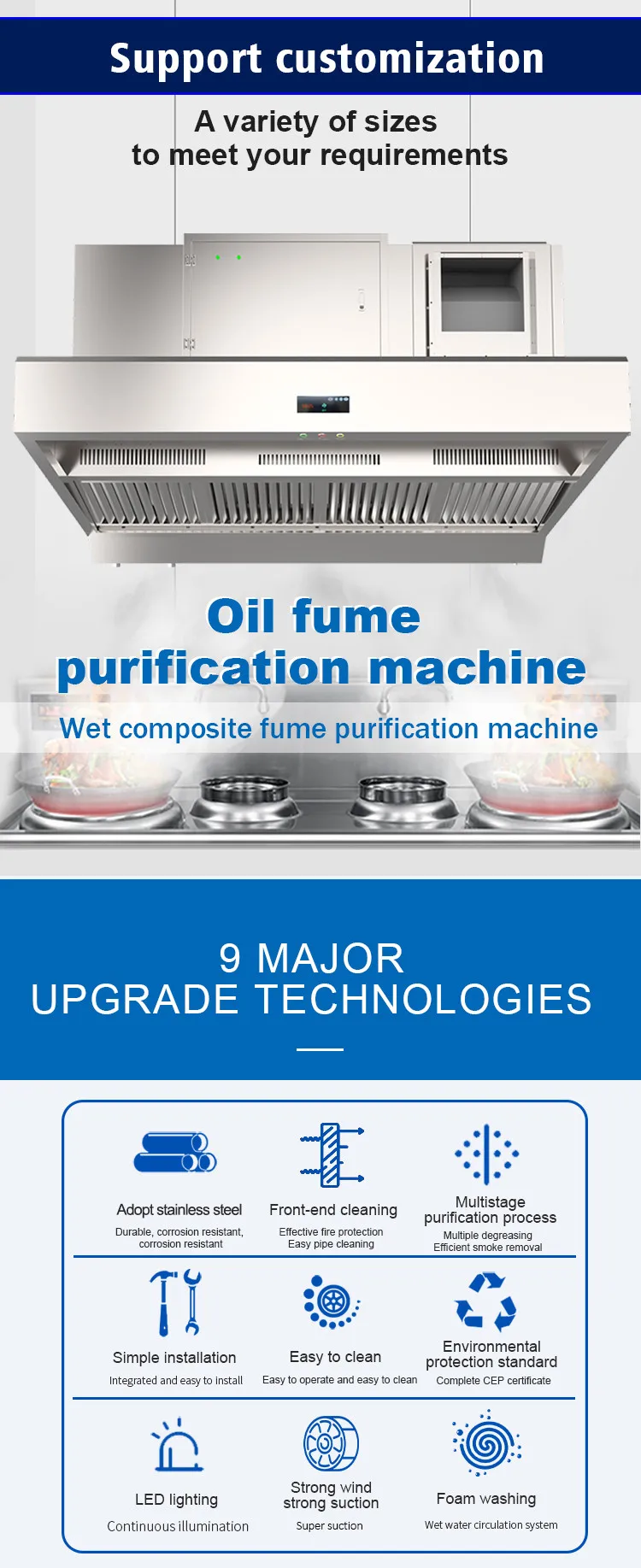 Máquina All-in-1 de purificação de fumaça molhada, capa comercial