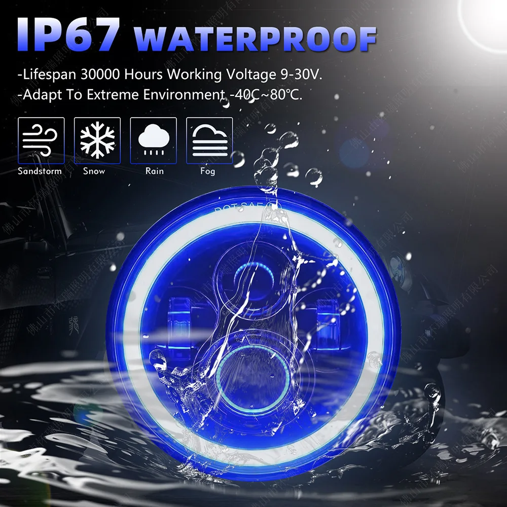 1 Pair 7 Inch Round LED Headlights Blue Halo Ring White DRL Amber Turn Signal Lamp with H4 H13 Adapters for Jeep Wrangler JK TJ