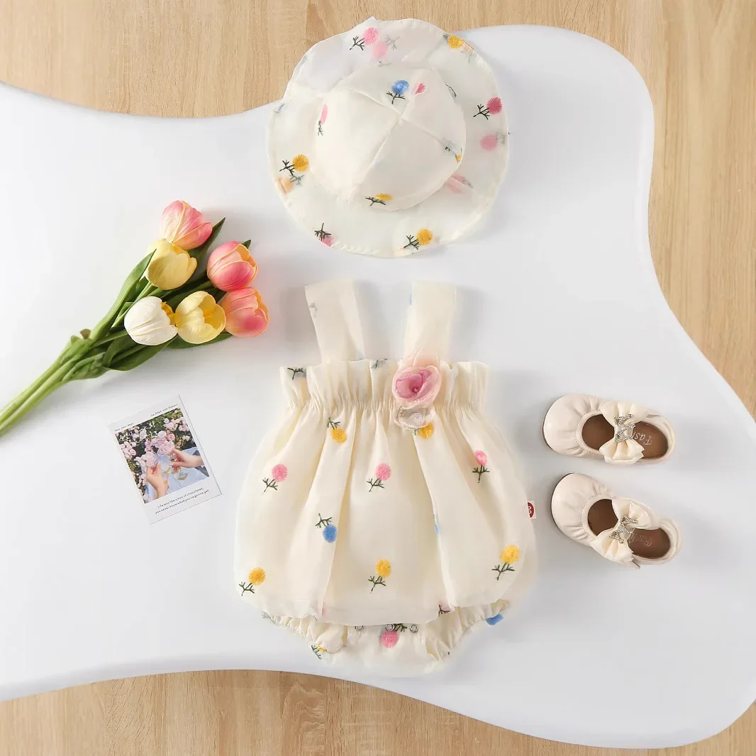 

Summer Sweet Style Baby Girl Romper Set High Cotton Sleeveless Floral Pattern Suspender Bodysuit with Hat