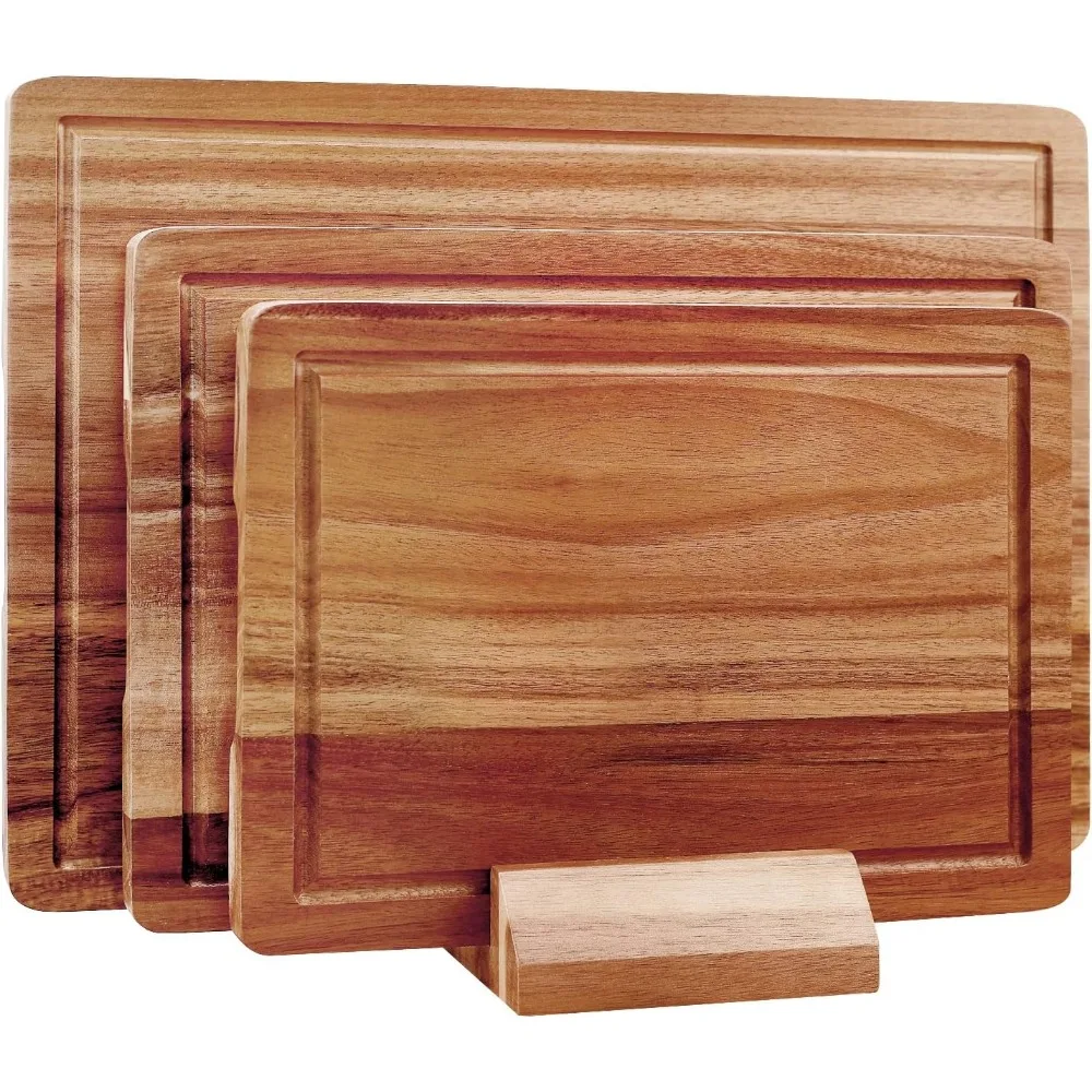 

3 Pcs Acacia Wood Cutting Board Set with Holder Stand Meat Chopping Board Set Large Charcuterie Boards Solid Wooden Cutting Boar