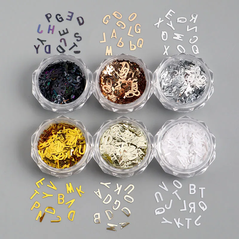 6 Color Metal Letter Nail Glitter Flakes Gold Silver Black White Alphabet Sequins Y2K Nail Charms Decor DIY Manicure Accessories