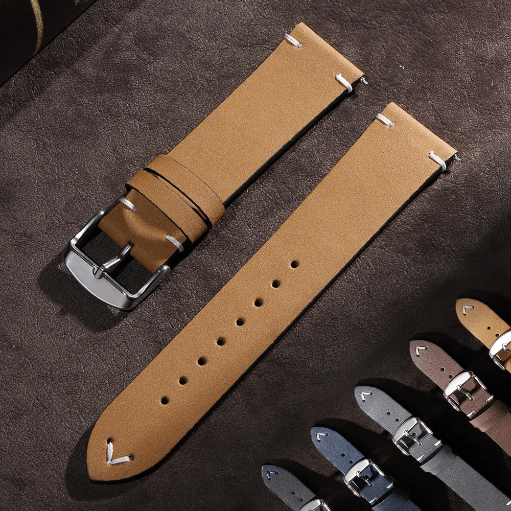 Handmade Genuine Leather Watchband 18mm 20mm 22mm Brown Black Soft Vintage Bracelet Quick Release Cowhide Leather Wristband Belt