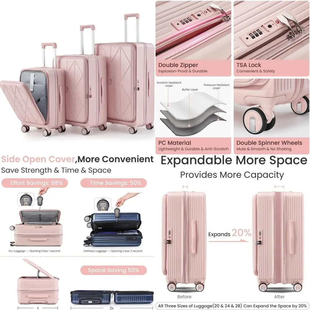 

100% комплект багажа с твердым корпусом, легкий чемодан-спиннер из трех частей с замком tsa и передним карманом, одобренный авиакомпанией, розовый