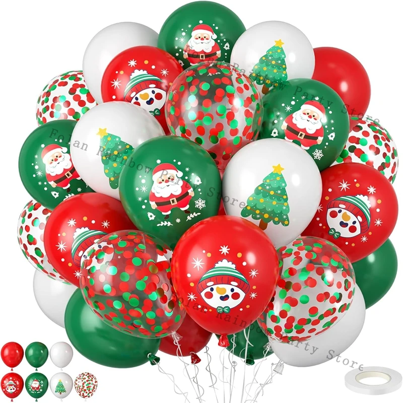Christmas Balloons 10/12 inch Red Green Confetti Ballon Printed Santa Snowman and Christmas Tree for Christmas Party Decorations