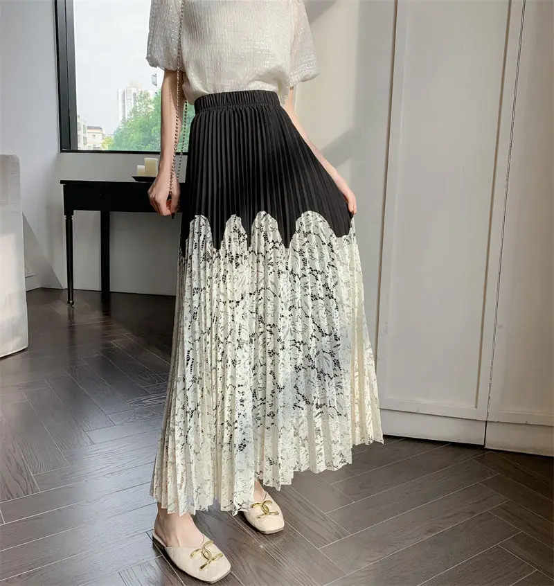 

Lace Spliced Printing Pleated Skirts ,For Women Clothes,Causal High Waist Loose Colorblock Skirt ,Female Skirts ,2024 New