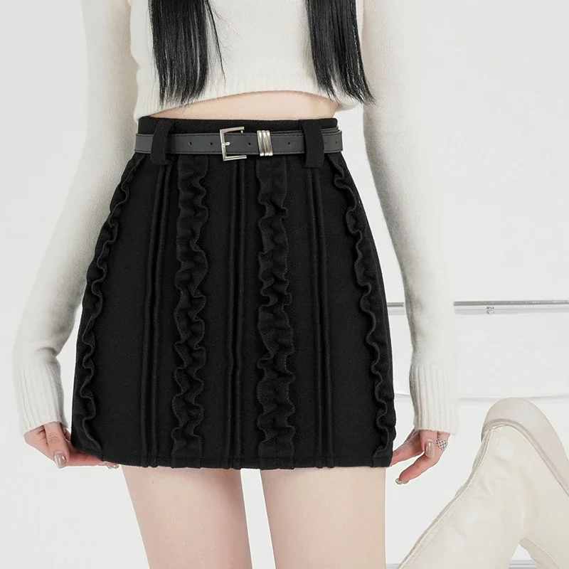 Autumn and winter new grey woolen fungus border light high waisted heavy industry Gray series A-line skirt with hip wrap skirt