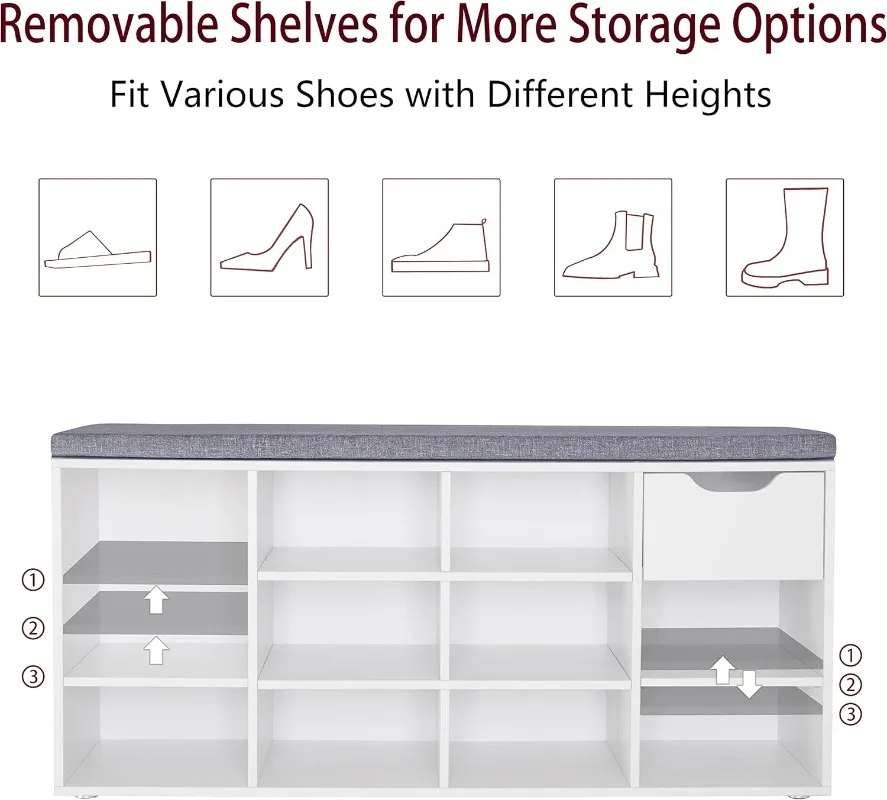 ม้านั่งเก็บของทางเข้าพร้อมลิ้นชักและ 11 Cubbies, ชั้นวางรองเท้า Cubby พร้อมชั้นวางปรับระดับได้, ที่เก็บรองเท้า