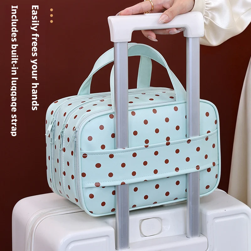 Handtasche mit Polka-Dot-Muster, multifunktionale Kosmetiktasche mit 3 Fächern, aus PU-Material, große Kapazität, wasserdicht, Reisetasche zur Aufbewahrung. – Detail 3