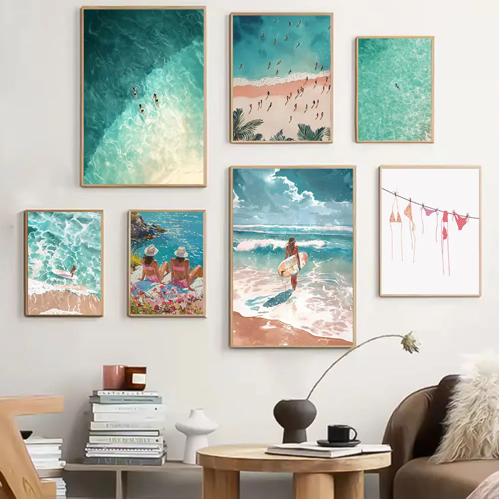 الشاطئ الأزرق الساحلية السباحة المشارك قماش طباعة اللوحة بيكيني جدار الفن غرفة نوم دراسة غرفة المعيشة ديكور المنزل