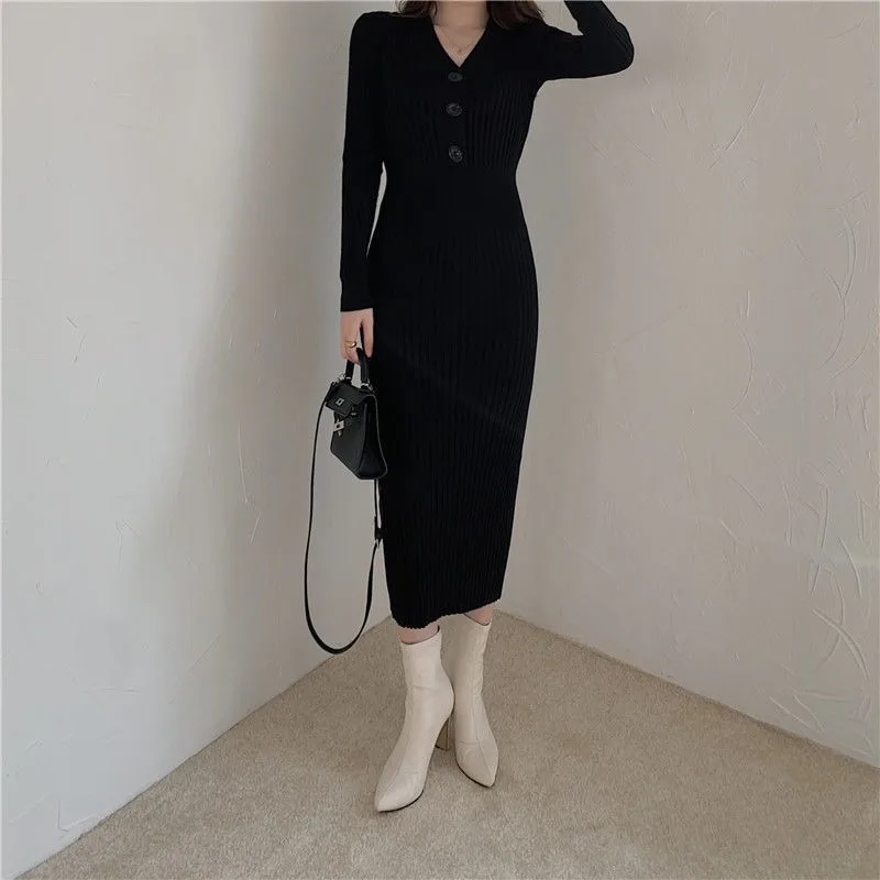 

Robe V Neck Black Woman Knitted Dress Aesthetic Beach Clothes Vintage Retro Y2k Cotton Full Sleeve Hot Crochet Dresses for Women