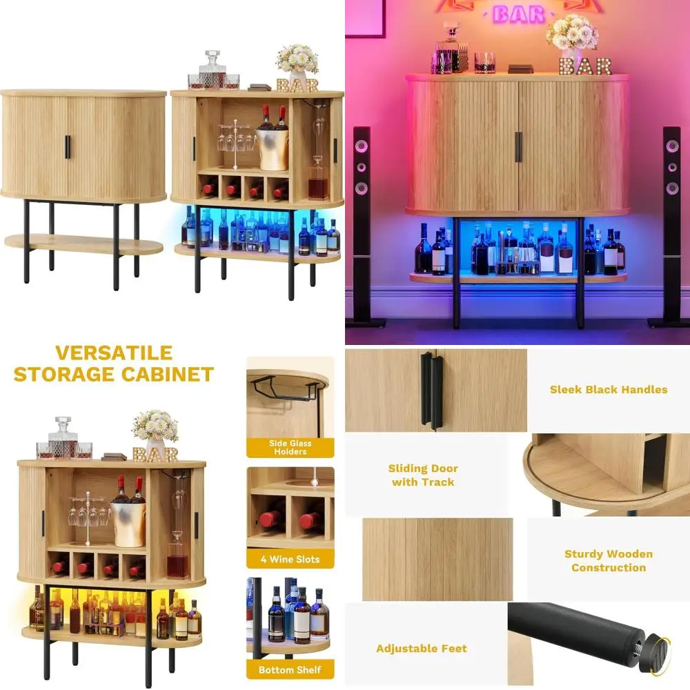 

Барный шкаф со светодиодной подсветкой, овальный винный столик со стеклянными держателями, 4 стойки, открытая полка, домашний бар из натурального дуба