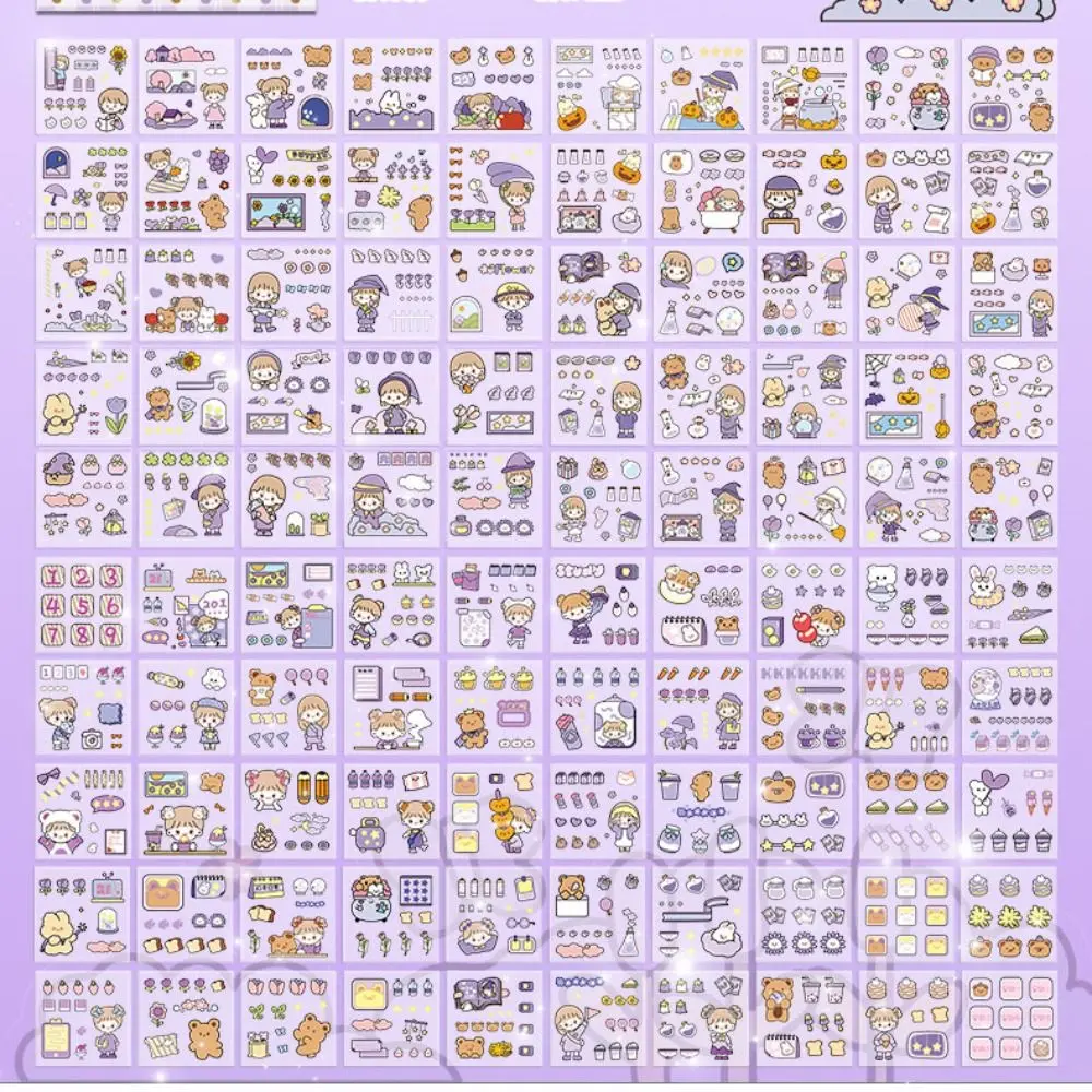100 Sheets Cute Cartoon Stickers Waterproof Stationery Hand Ledger Sticker Cute Patterns Transparent DIY Stickers