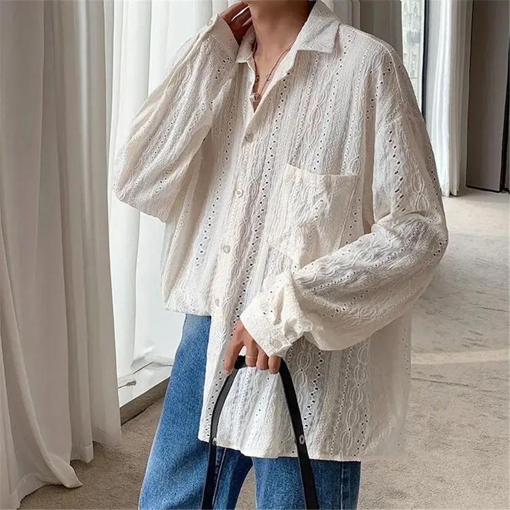 Summer Shirts Women Bf Style Apricot Lapel Blouse Vacation Hollow Out Sexy Fashion Y2k Clothing Blouses Mesh Long-sleeved Shirts