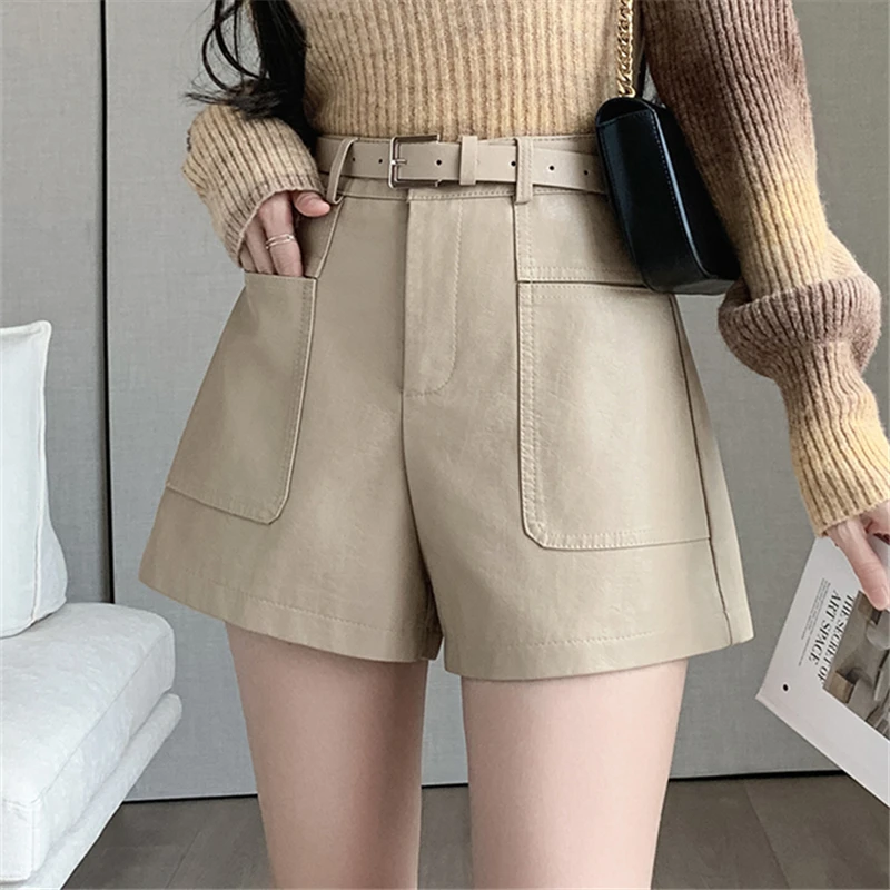 

Autumn Winter Vintage Pockets Women's PU Leather Shorts with Belted 2023 New High Waist Black Wide Leg Trousers Female