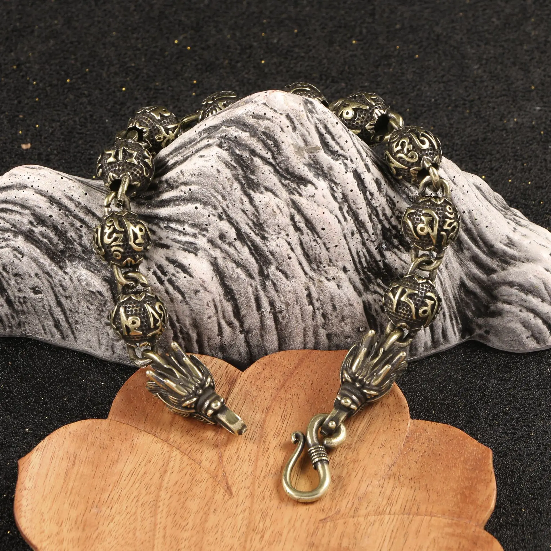 Vintage Copper Buddhism Mantra Beads Chains Dragon Head Bracelets Brass Rosary Bangles Fashion Hip-hop Men Wome Bracelet Jewelry