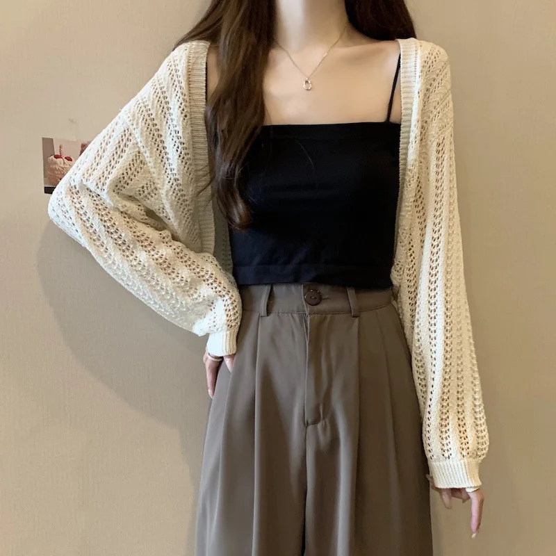 

2024 New Hollow-knit Cardigan Women's Summer Thin Loose Lazy Wind Cape With Long Sleeve Blouse Short Casual Blouse