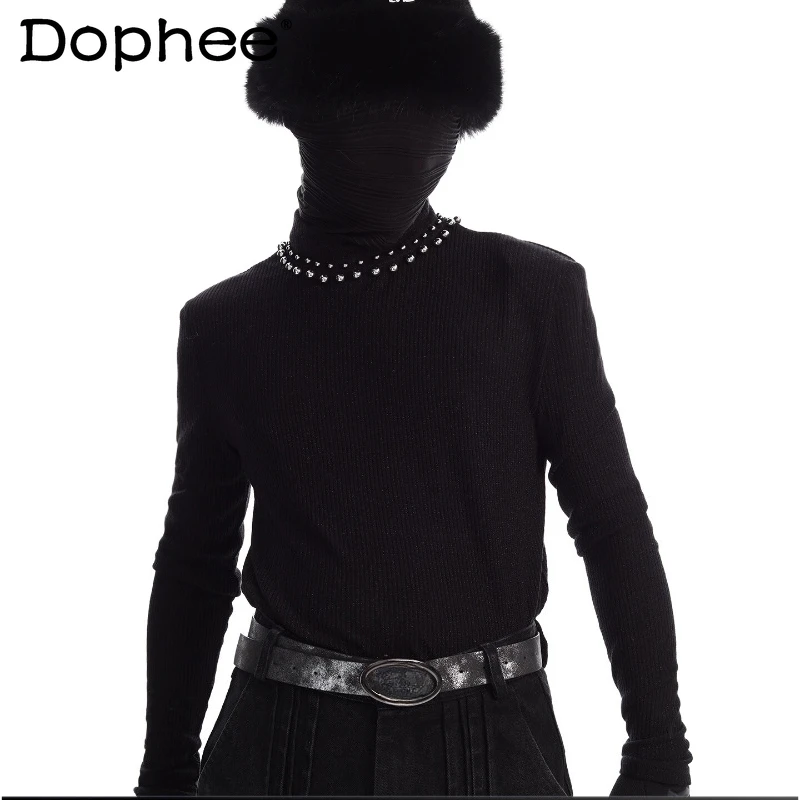 

Men's 2025 Winter New High-End Long Sleeve T-Shirts Rivet Padded Shoulder Half High Collar Slim Solid Color Knitted Base Shirts