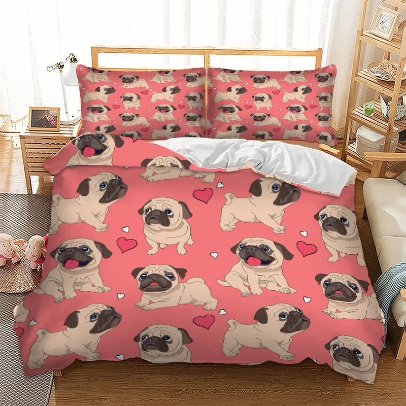 Single, Double, Queen, King, Twin & Full - Size Pink Bed Linen Set with Cute Pet Dog and Heart - shaped Patterns