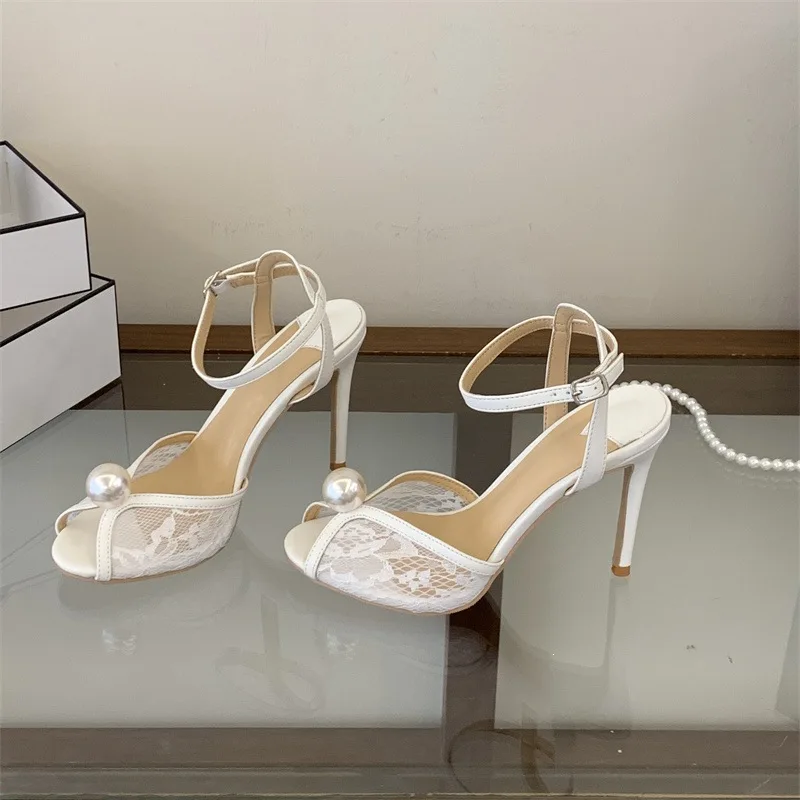 Women High Heel Sandals Temperament French Style Romantic Lace High Heels Luxury Pearl Rhinestone One-word Belt High Heel Sandal