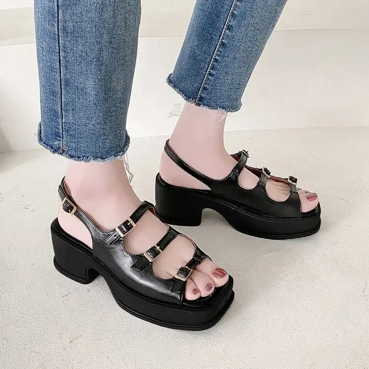 2024 New Platform Sandals Ladies High Heels Summer Women\'s Shoes Wedge Sandals Open Toe Shallow Solid Color Buckle Casual