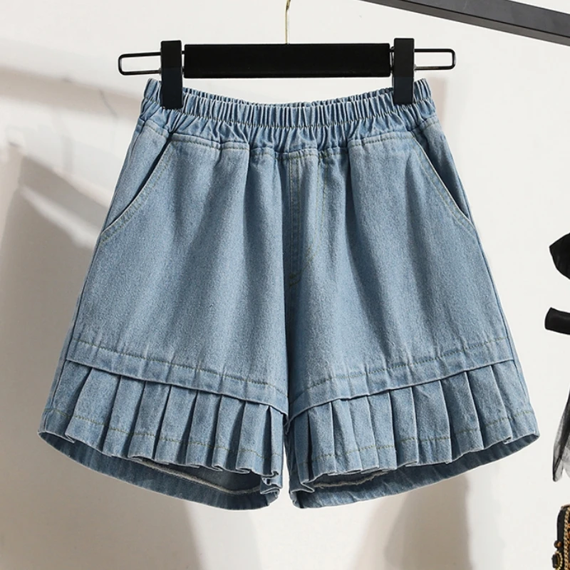 Qiukichonson 5XL Oversize Denim Shorts Women 2023 Spring Summer High Waisted Cute Soft Girl Frilly Wide Leg  Jeans Shorts Loose