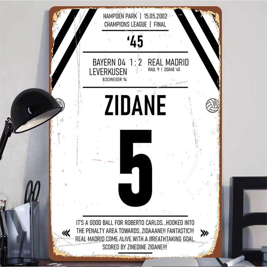 2002 Champions League Final Zidane Iconic Volley Goal Classic Moment Decorative Metal Tin Sign