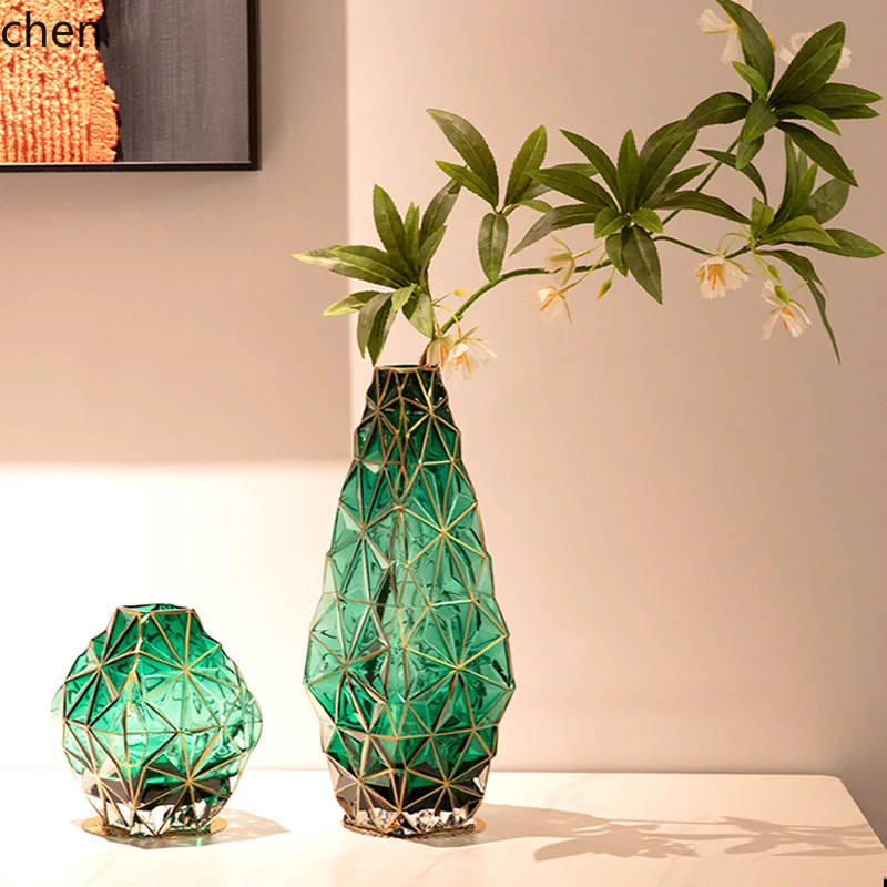 

iHTTns Wind Glass Vase with Gold Rim Living Room Plant Arrangement Art Soft Decoration Ornament