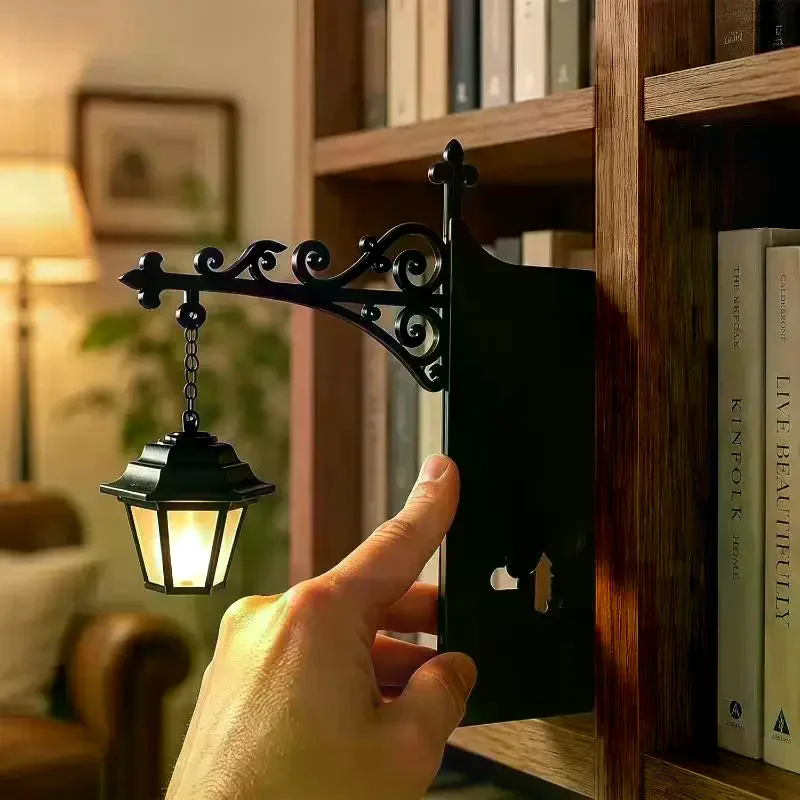 Vintage Hanging Bookshelf Lantern With Warm LED Light And Metal Bracket For Home Decor