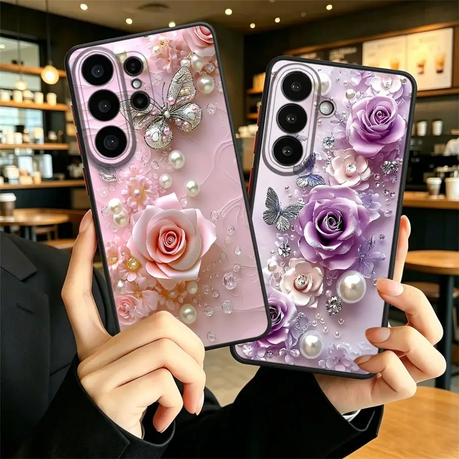 Funda Back Phone Cover Case for Samsung Galaxy S26 Note 20 Ultra 10+ S25 Ultra S21 S24 Plus S22 S20 FE S23 FE Purple Rose Pearl