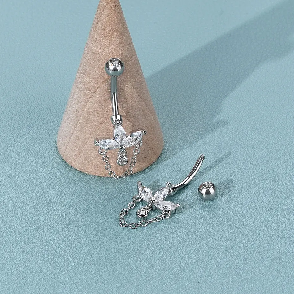 1Pc Dangling Belly Button Ring Stainless Steel Reverse Navel Piercing CZ Flower Navel Barbell Earrings Curved Bar Sexy Jewelry