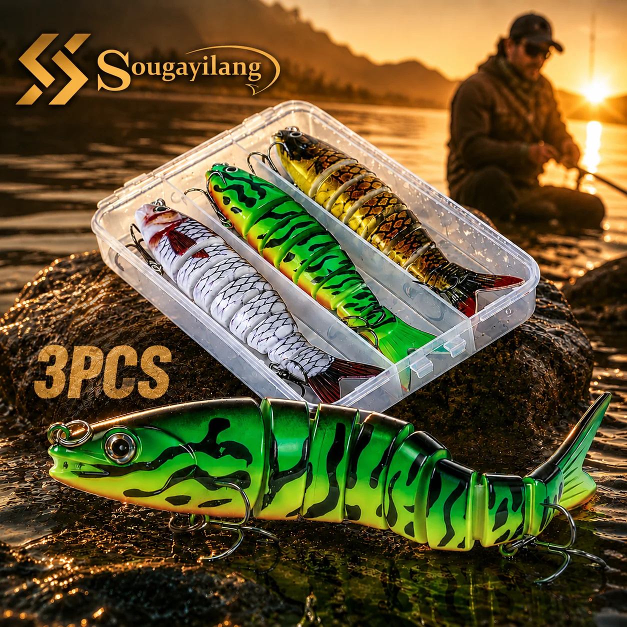 Sougayilang Multi‑Segment Fishing Lure Hard Bait 3PCS Oxidation Triple Hooks for Bass Pike Salmon Fishing Tackle 7/8 Sections