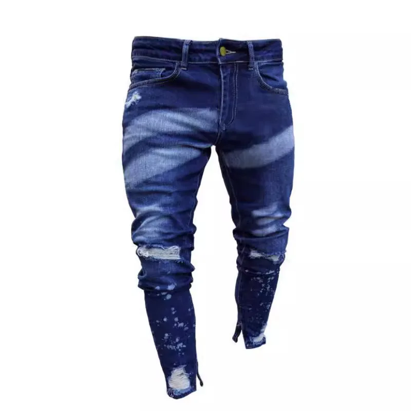 Americano Europeo 2025 Nuovi Uomini di Modo Casual Alla Moda Sottile Foro Patched Spruzzi di Inchiostro Matita Denim Pantaloni Jeans Maschili Pantaloni
