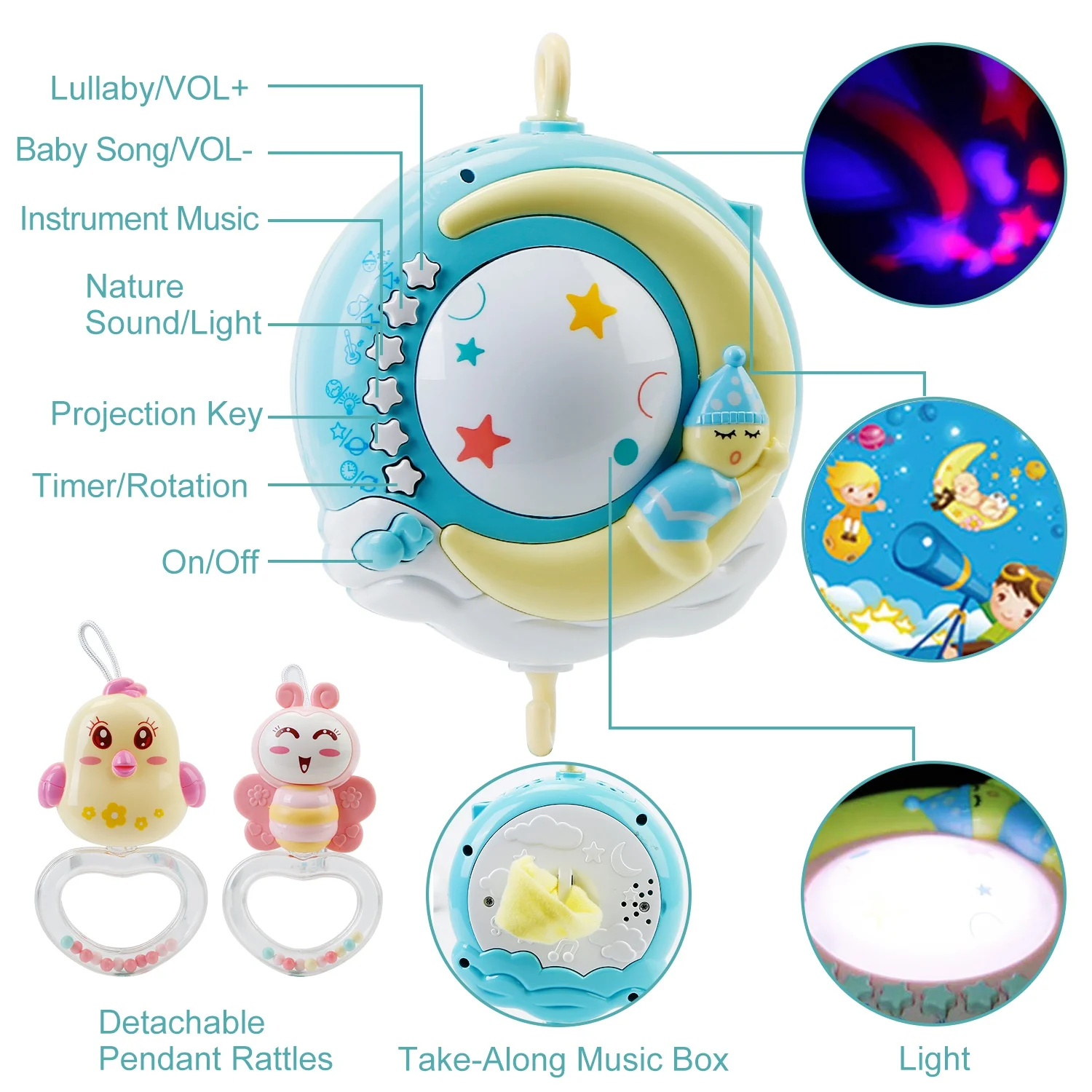 Baby Musical Krippe Handy mit Musik und Lichtern, Baby Mobile für Kinder bett mit Fernbedienung Stern Projektion Spieluhr, Babybett t