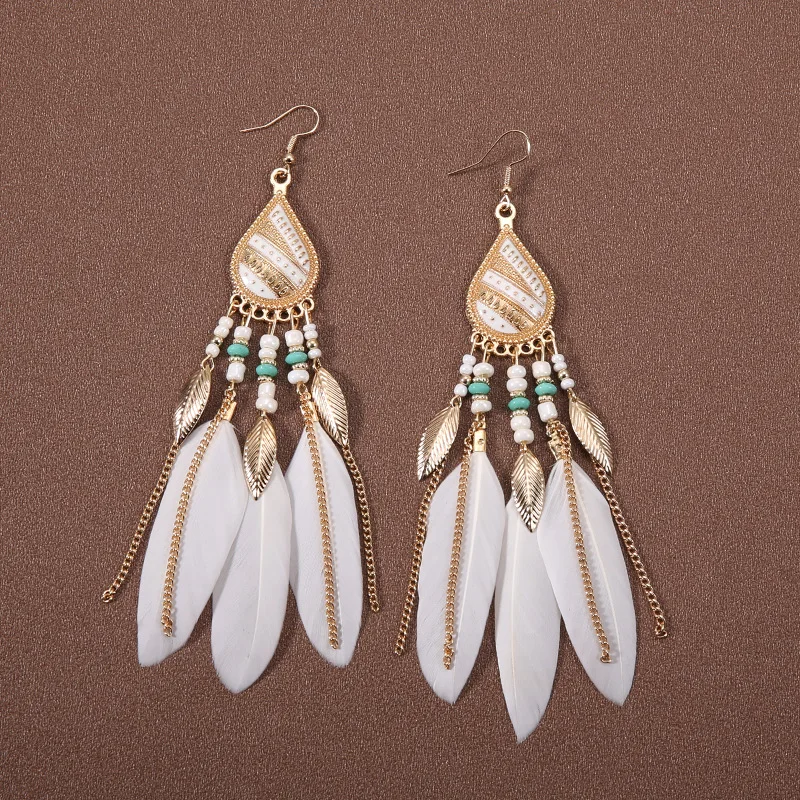Bohemian Vintage Lange Weiße Feder Ohrringe für Frauen Ethnische Temperament Gold Farbe Kette Quaste Ohrringe Boho Hochzeit Schmuck – Detail 19