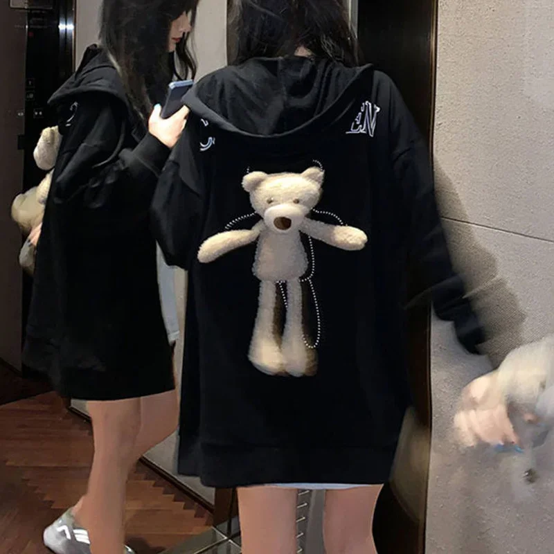 Fashion Casual Fleece Sweater Women\'s 2024 Korean Version of The New Cute 3D Three-dimensional Bear Loose Hooded Cardigan Jacket