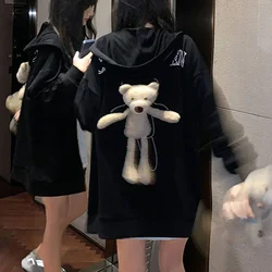 Fashion Casual Fleece Sweater Women's 2024 Korean Version of The New Cute 3D Three-dimensional Bear Loose Hooded Cardigan Jacket