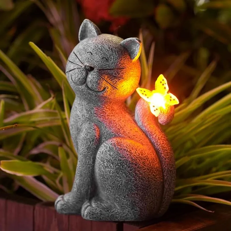 Luces Solares Garden Decoration Outdoor DecorsDecoraciones De Jardín Solar-powered Resin Cat Statues with Butterfly Light