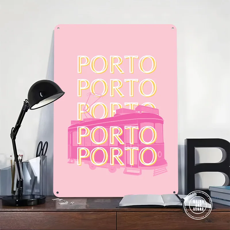 Porto Tram Pink and Yellow Travel Art Tinplate Poster Custom Wall Art Vintage Metal Signs Retro Tin Plaque for Home Decorations