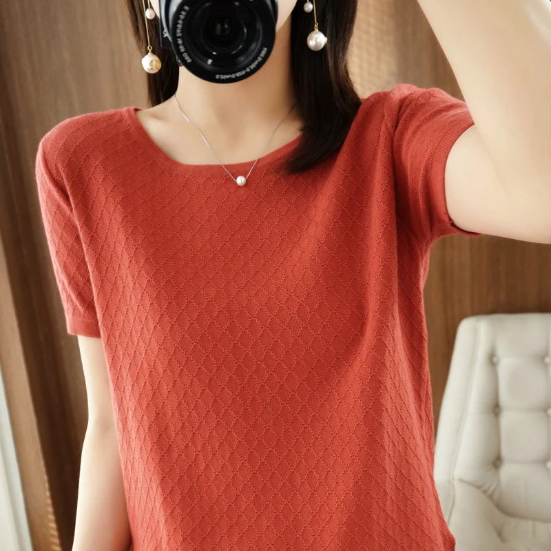 Women\'s T-shirt Spring/Summer 100% Cotton Sweater Short Sleeve Casual Solid Round Neck Ladies Tops Loose Blouse Pullover Tees