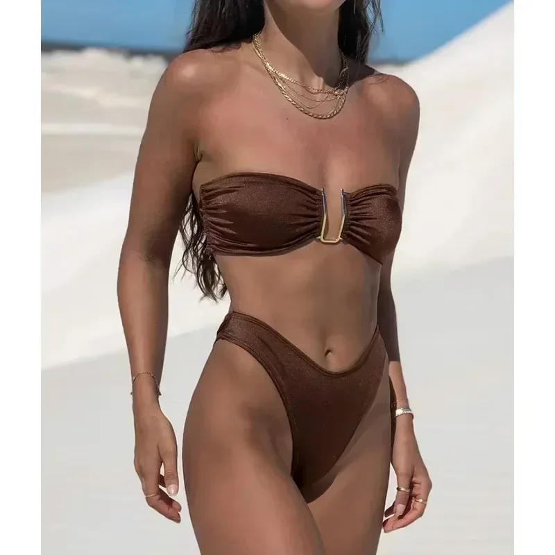 Strój kąpielowy z wysoką talią Kobiety Push Up Kostiumy kąpielowe Seksowny strój kąpielowy Bandeau maillot de bain femme Bikini Letnie stroje