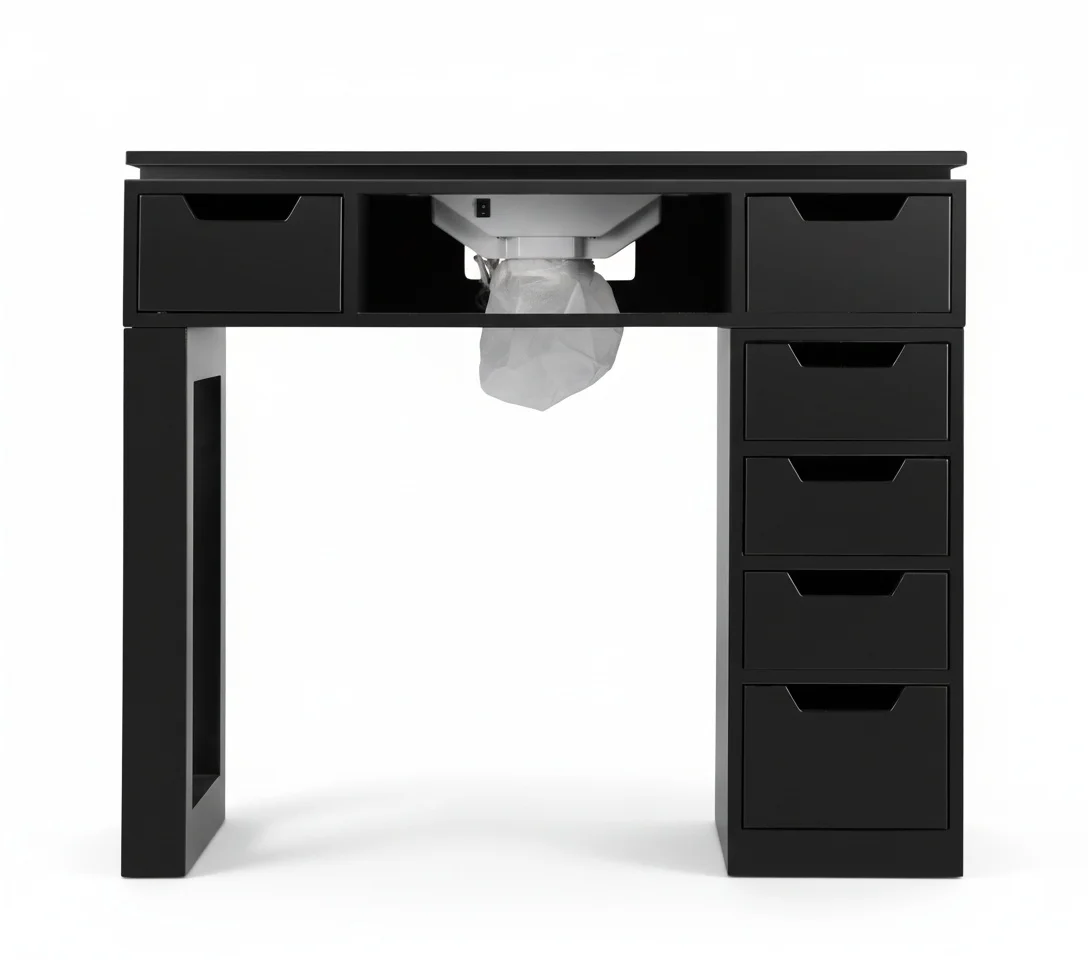 

Black Manicure Table with Dust Collector, Poly Wood Nail Desk, 110x65x100 cm, Multi-drawer, Nail Salon Furniture for Mall