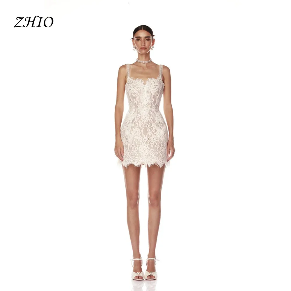 

ZHIO Luxury White Lace Flowers Mesh Straps Wedding Dress Mini Square Neck vestidos de noche Sheath Zip Back Formal Gown Custom