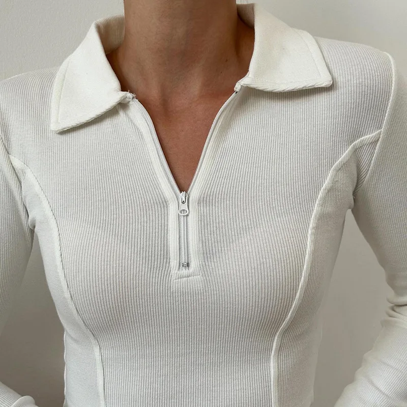 Outono camiseta feminina nova mangas compridas zíperes colheita topo casual moda camiseta senhora streetwear sólido sexy casual roupas finas