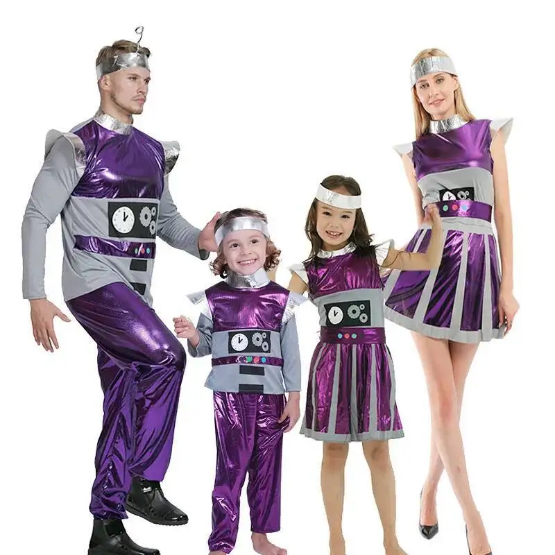 Disfraz de Alien púrpura para actuación en escenario, vestido de fiesta de Halloween, disfraz de Cosplay de grupo familiar de Robot bonito