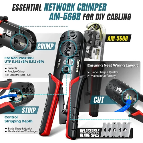 Imagen 2 del producto AMPCOM Kit de herramientas de prensado Ethernet para conector CAT6/CAT5e RJ45 con pelador de cables/herramienta de perforación/probador de cables TEL/LAN