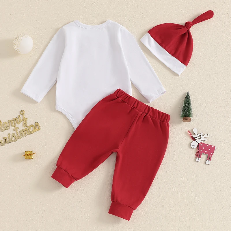 0-18M Baby Boy Christmas 3Pieces Set Long Sleeve Patchwork Rompers with Bow Decor + Elastic Waist Pants + Hat Infant Outfit