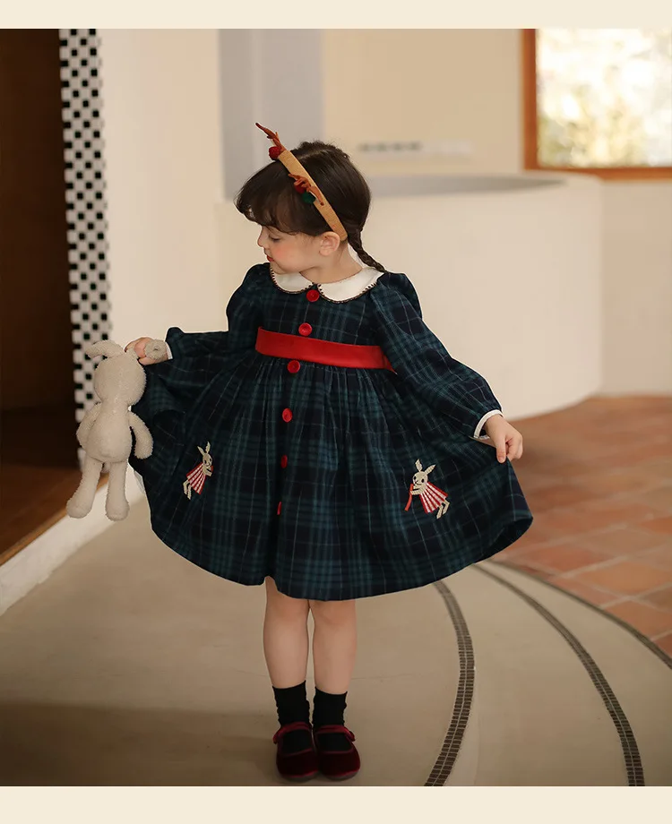 Bbay Girls Lolita Princess Plaid Dress Kids New Autumn Cute Doll Collar Long Sleeve Rabbit Embroidery Party Dresses y1077
