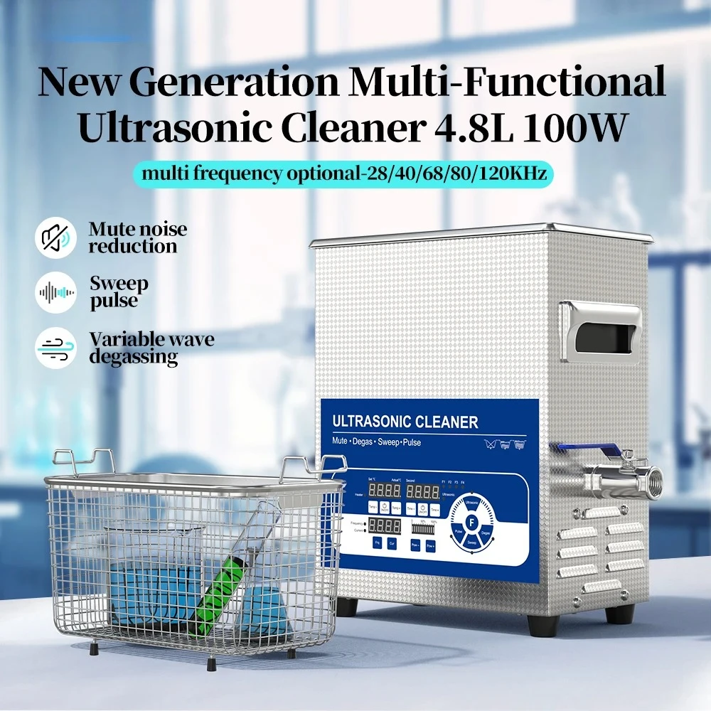 

New 4.8L Ultrasonic Cleaner 28/40/68/80/120KHz Option 100W Cleaning Bath Laboratory Chemical Appliance